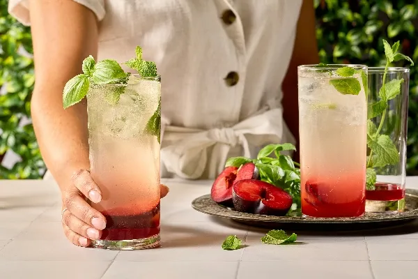 A person in a cream-colored linen outfit holding a tall glass of a layered plum cocktail garnished with fresh basil and mint. The drink features a deep red fruit layer at the bottom and a pale sparkling top. On the table are more glasses, fresh herbs, and halved plums on a silver tray, all set against a lush green backdrop