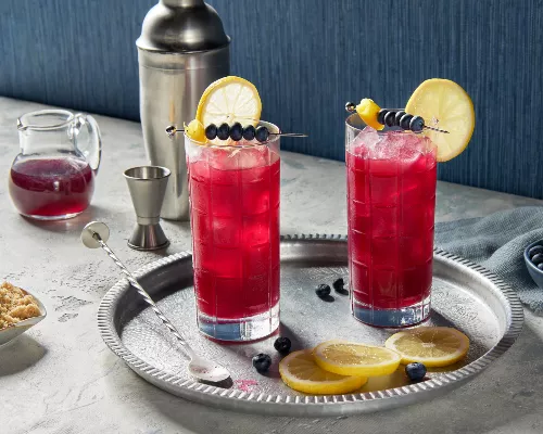Two highball glasses of blueberry whisky fizz on ice garnished with lemon wheels and skewers of blueberries, shown on a silver platter with a cocktail shaker, jigger, stir stick, a pitcher of simple syrup, and bowls of brown sugar and blueberries